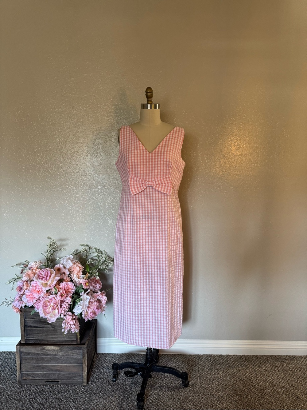 Pink Gingham Bow-Front Sleeveless Midi Dress